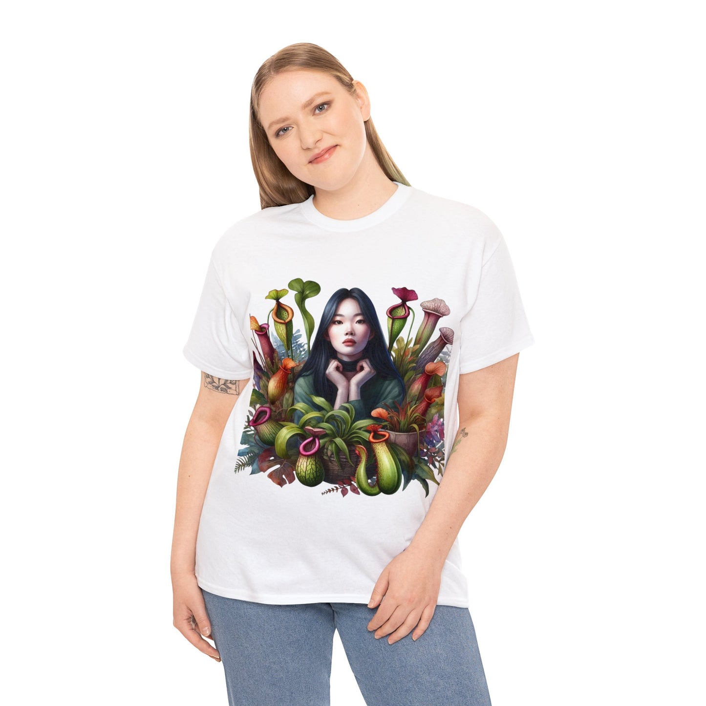 Moss Goddess in the Serene Wilds: Breathe Deep within the Tranquil Embrace of Predatory Greenery Unisex Heavy Cotton Tee