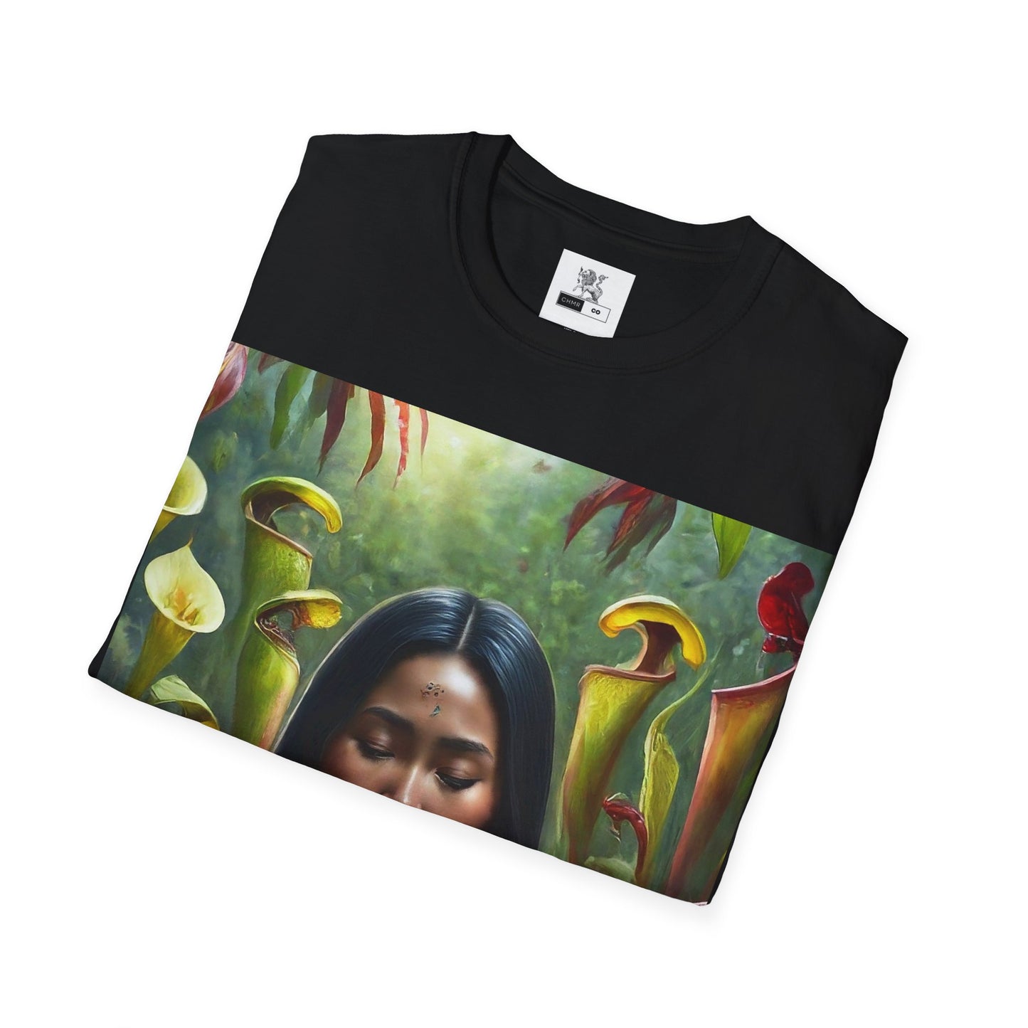 Moss Goddess in the Serene Wilds Breathe Deep in the Tranquil Embrace of Predatory Greenery Unisex Softstyle T-Shirt