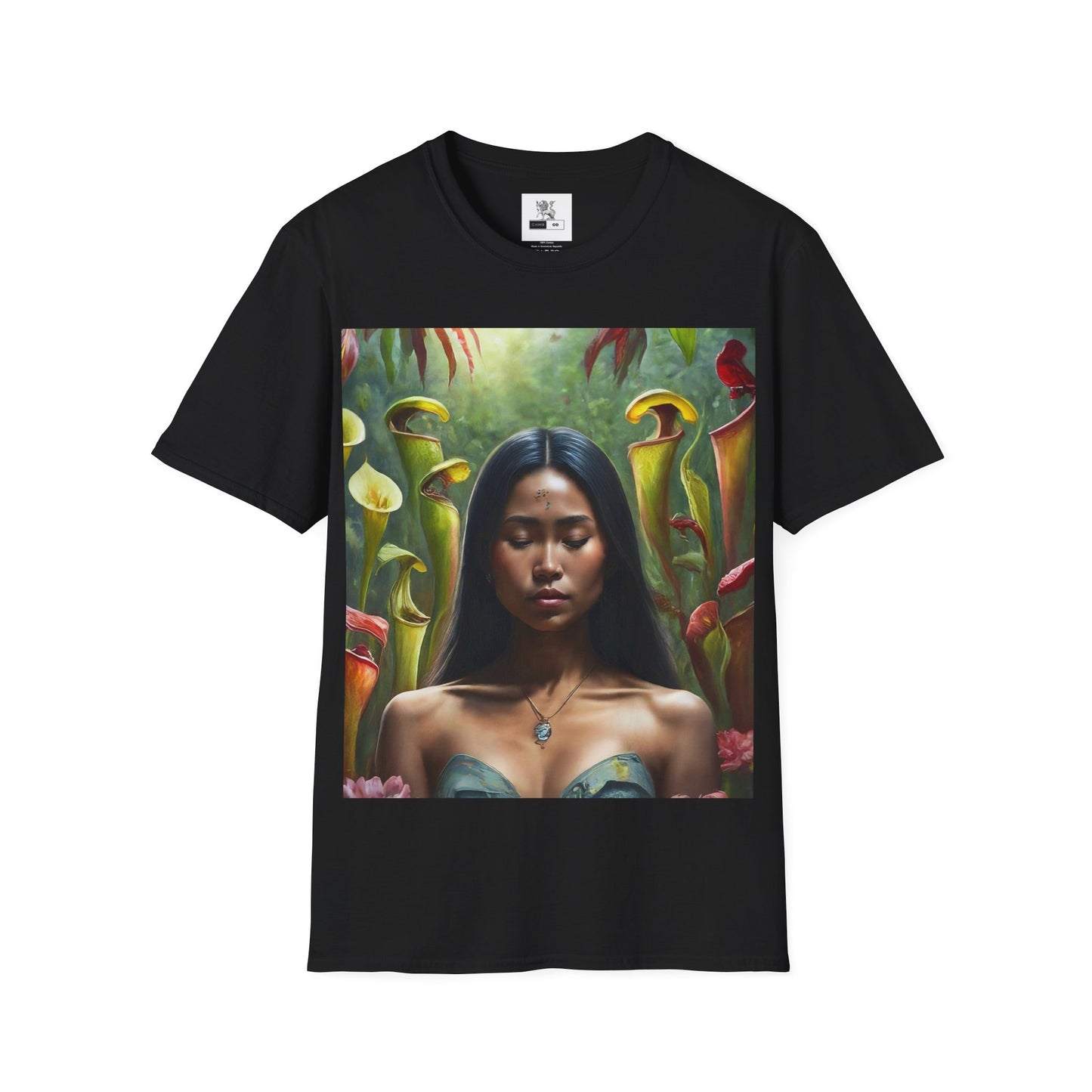 Moss Goddess in the Serene Wilds Breathe Deep in the Tranquil Embrace of Predatory Greenery Unisex Softstyle T-Shirt