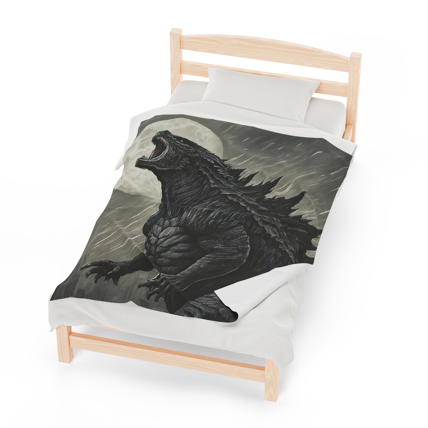 "Vintage Godzilla Howling at the Moon Velveteen Blanket - Cozy and Nostalgic Home Decor"