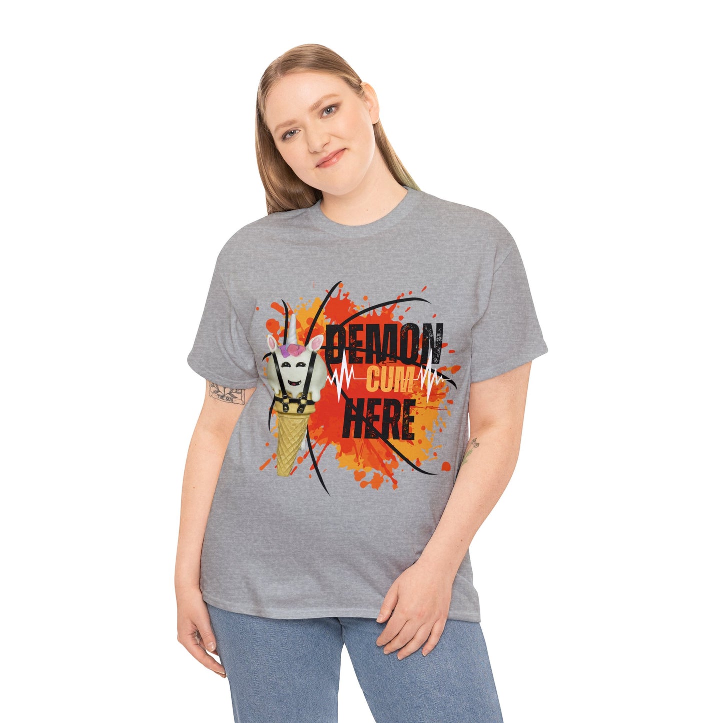 Demon Cum Here, Adult humor Unisex Heavy Cotton Tee