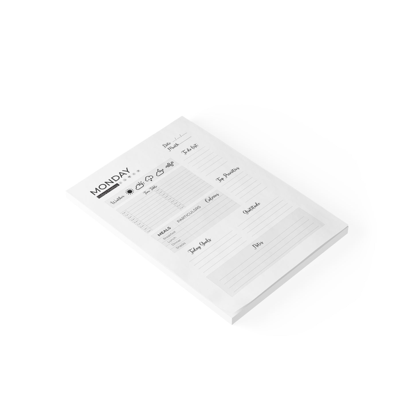 Daily planner notepad: A notepad designed for daily use to keep track of to-dos and goals.