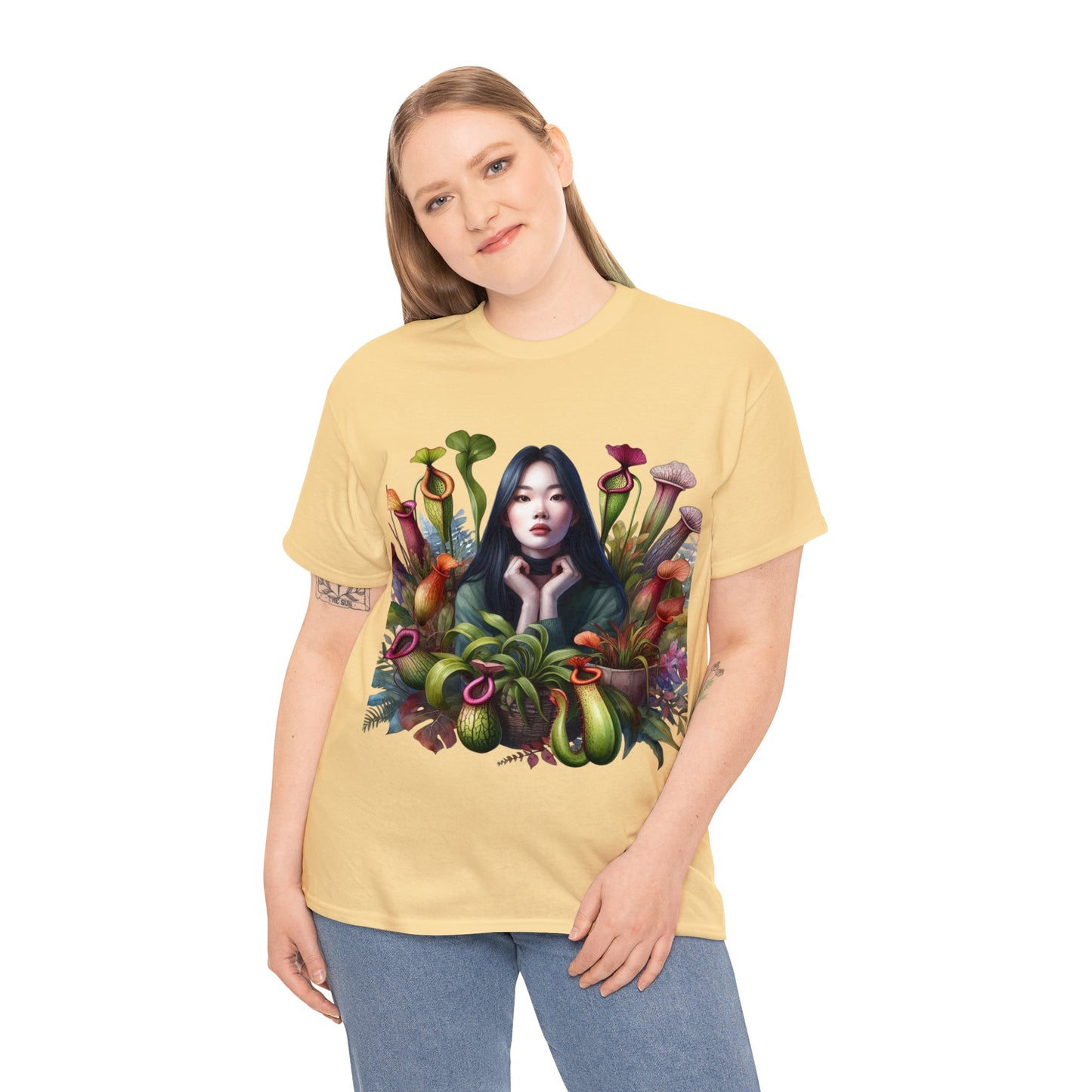 Moss Goddess in the Serene Wilds: Breathe Deep within the Tranquil Embrace of Predatory Greenery Unisex Heavy Cotton Tee