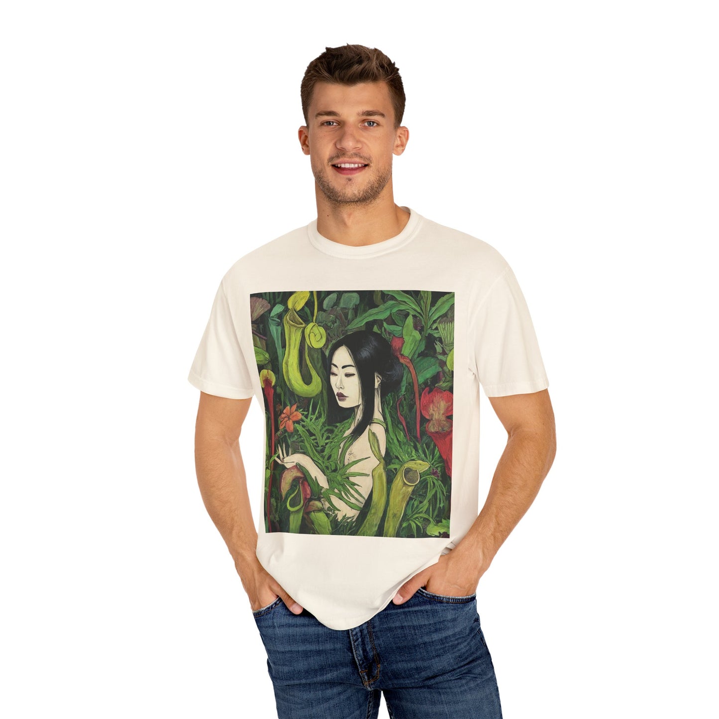 Serene Strength: Solo Adventurer Braves the Beauty of the Bog's Bizarre Blooms Unisex Garment-Dyed T-shirt