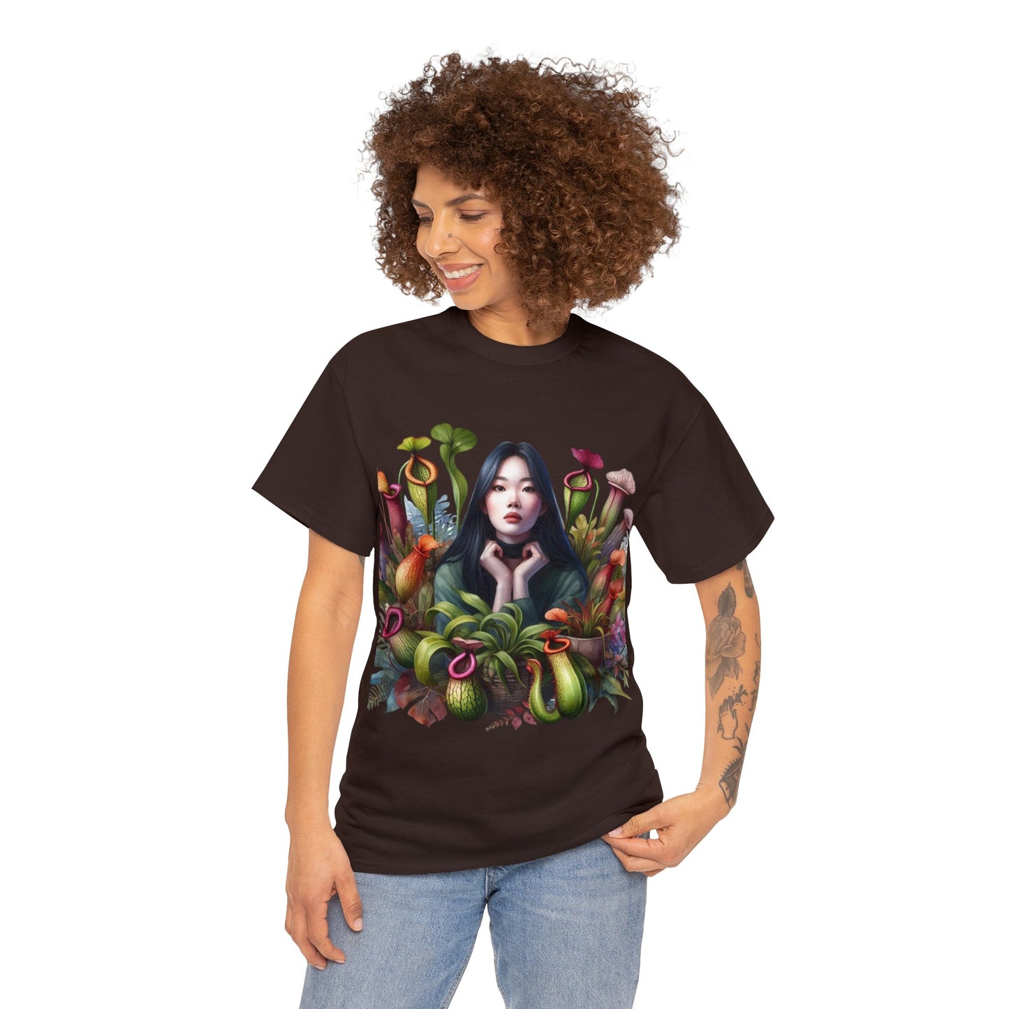 Moss Goddess in the Serene Wilds: Breathe Deep within the Tranquil Embrace of Predatory Greenery Unisex Heavy Cotton Tee