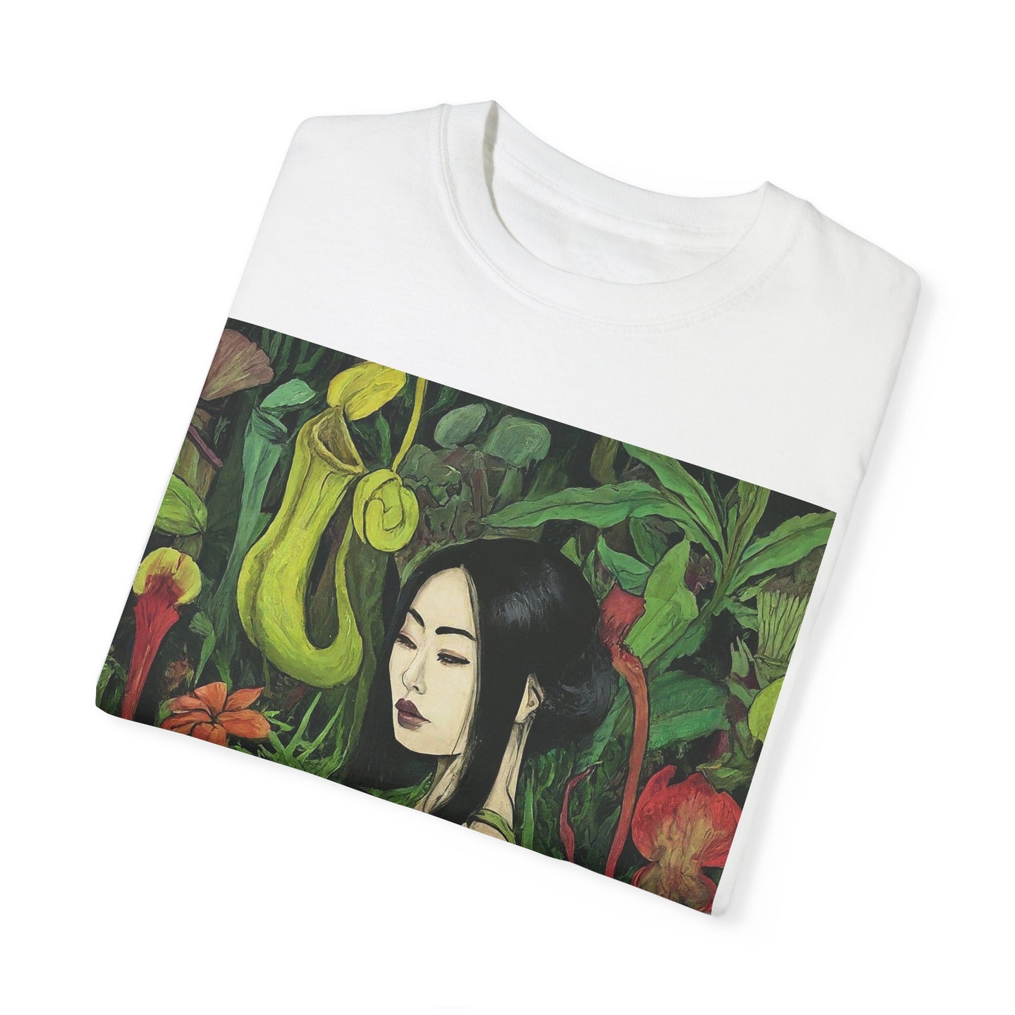 Serene Strength: Solo Adventurer Braves the Beauty of the Bog's Bizarre Blooms Unisex Garment-Dyed T-shirt