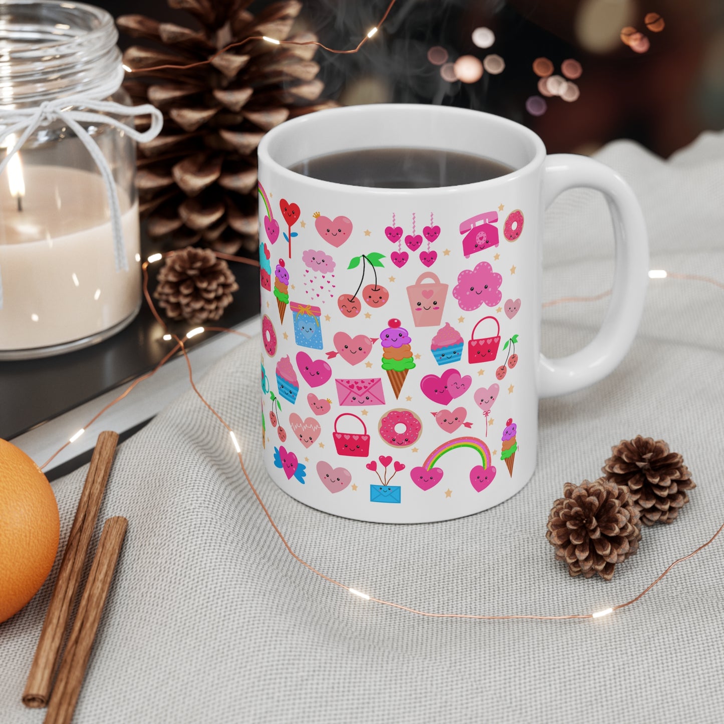 Cute Pink Kawaii candy hearts Valentine's Day Ceramic Mug 11oz, Ceramic Coffee Mug, Ceramic Coffee Cup, Valentine's Day, Kawaii, Coffee Gift