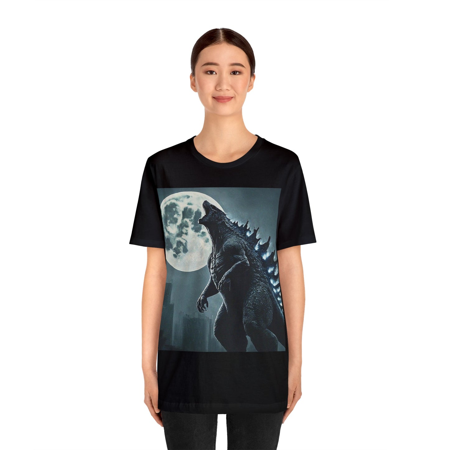 Godzilla howling at the moon: Unisex Jersey Short Sleeve Tee