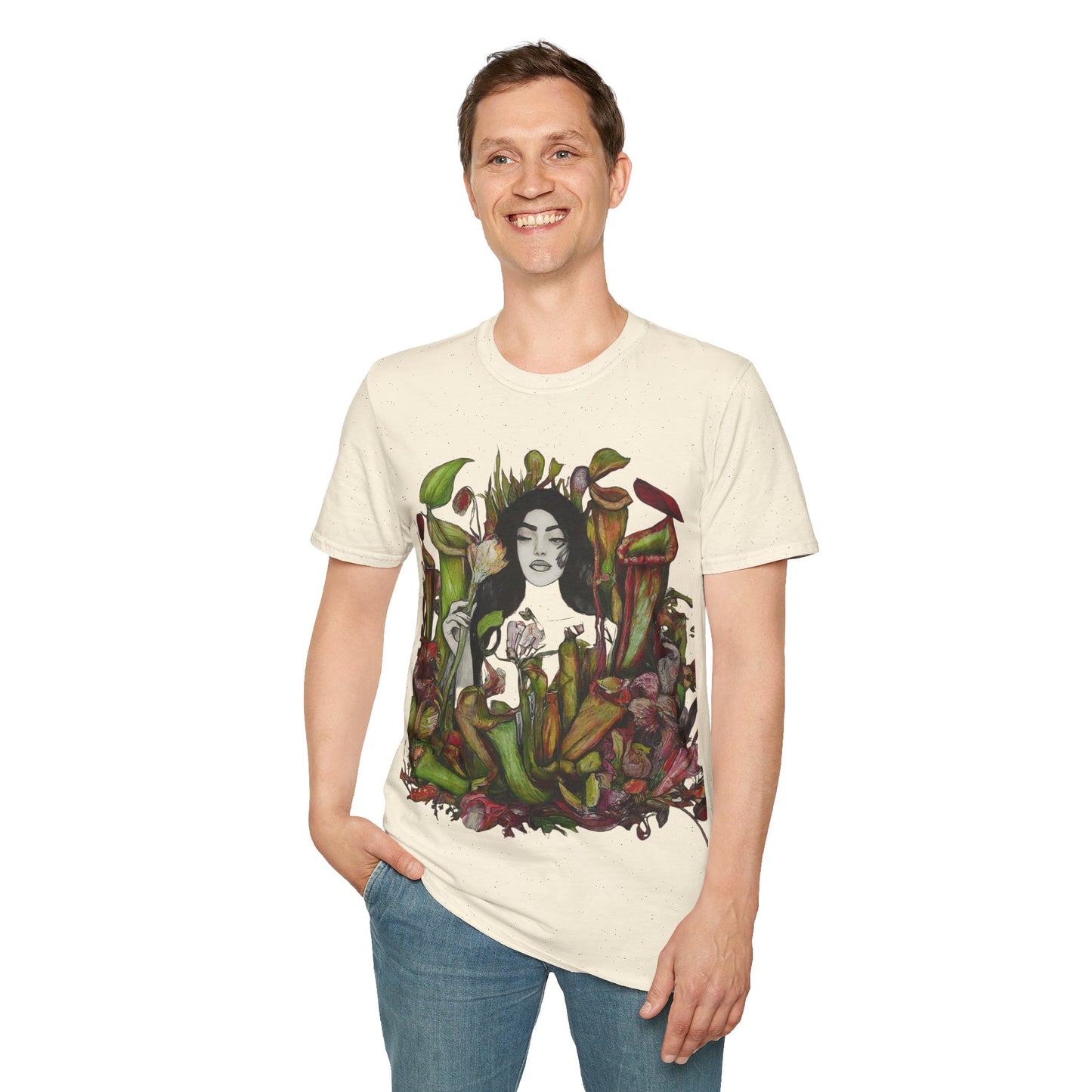 Tranquility in the Trap: Woman Unveils the Allure of the Pitcher Plant Paradise Queen of the Savage Garden: Unisex Softstyle T-Shirt