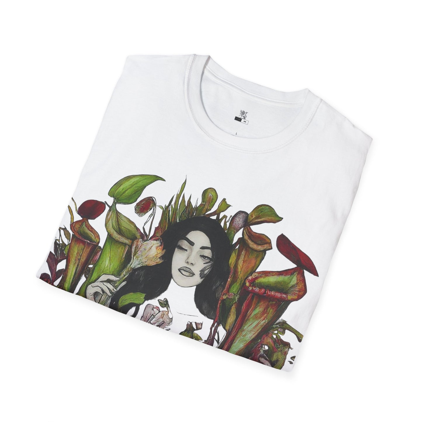 Tranquility in the Trap: Woman Unveils the Allure of the Pitcher Plant Paradise Queen of the Savage Garden: Unisex Softstyle T-Shirt