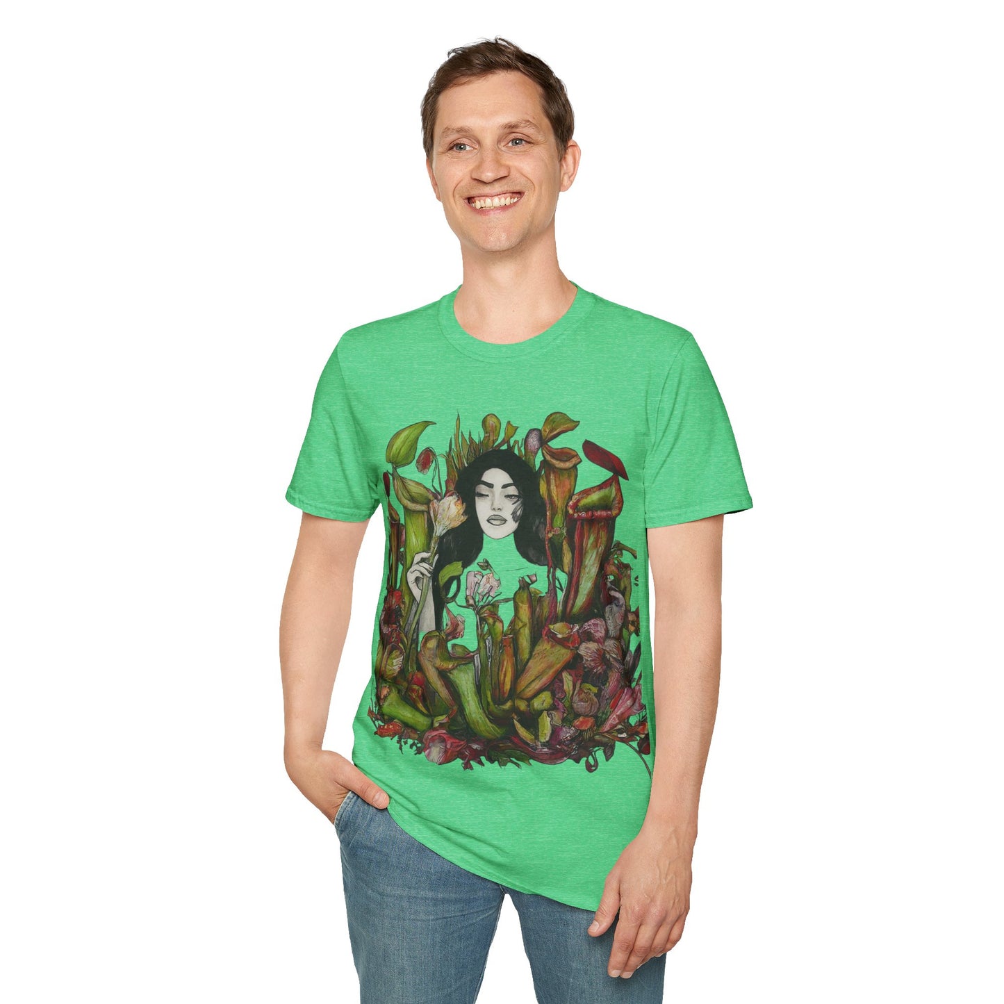 Tranquility in the Trap: Woman Unveils the Allure of the Pitcher Plant Paradise Queen of the Savage Garden: Unisex Softstyle T-Shirt