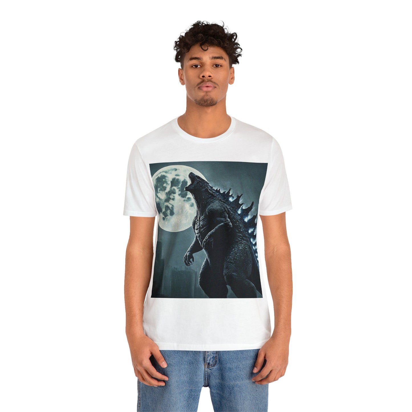 Godzilla howling at the moon: Unisex Jersey Short Sleeve Tee