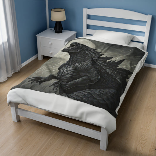 "Vintage Godzilla Howling at the Moon Velveteen Blanket - Cozy and Nostalgic Home Decor"