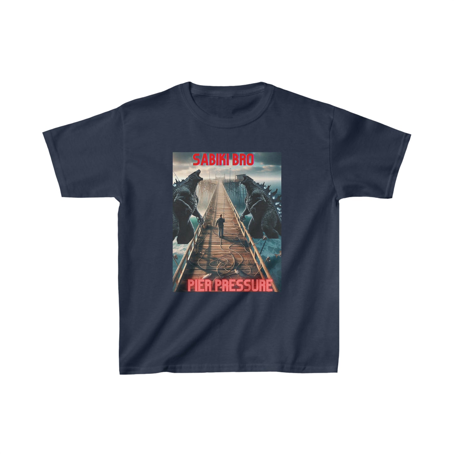 Sabiki Bros Pier Pressure fishing shirt w/ Godzilla Kids Heavy Cotton™ Tee