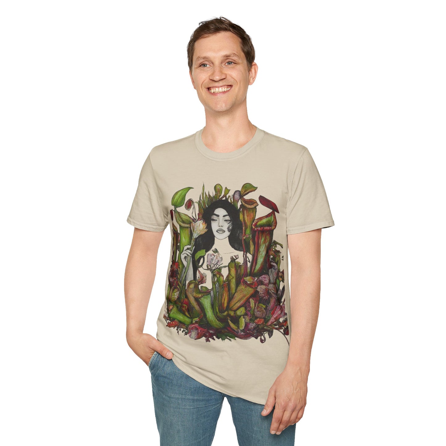 Tranquility in the Trap: Woman Unveils the Allure of the Pitcher Plant Paradise Queen of the Savage Garden: Unisex Softstyle T-Shirt