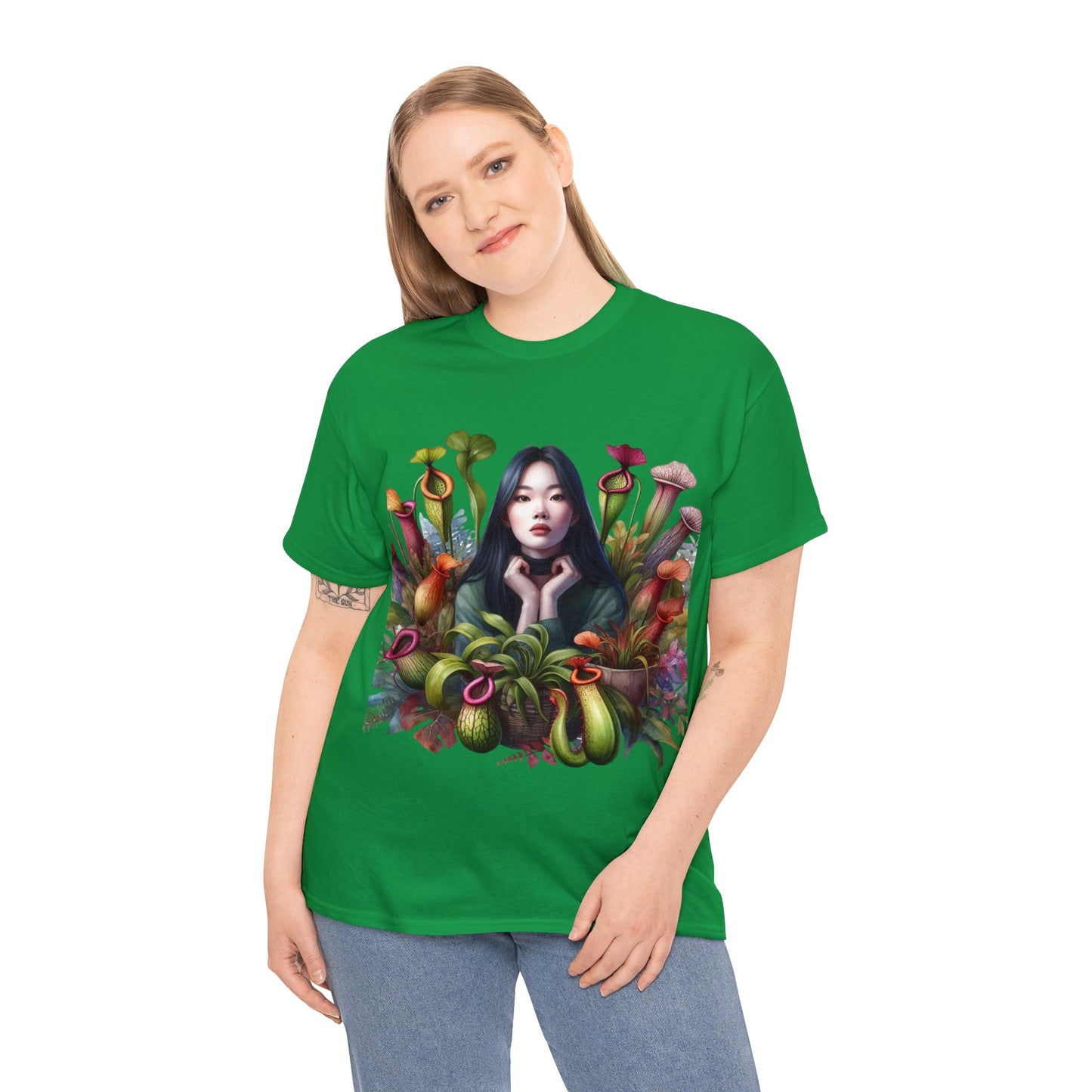 Moss Goddess in the Serene Wilds: Breathe Deep within the Tranquil Embrace of Predatory Greenery Unisex Heavy Cotton Tee