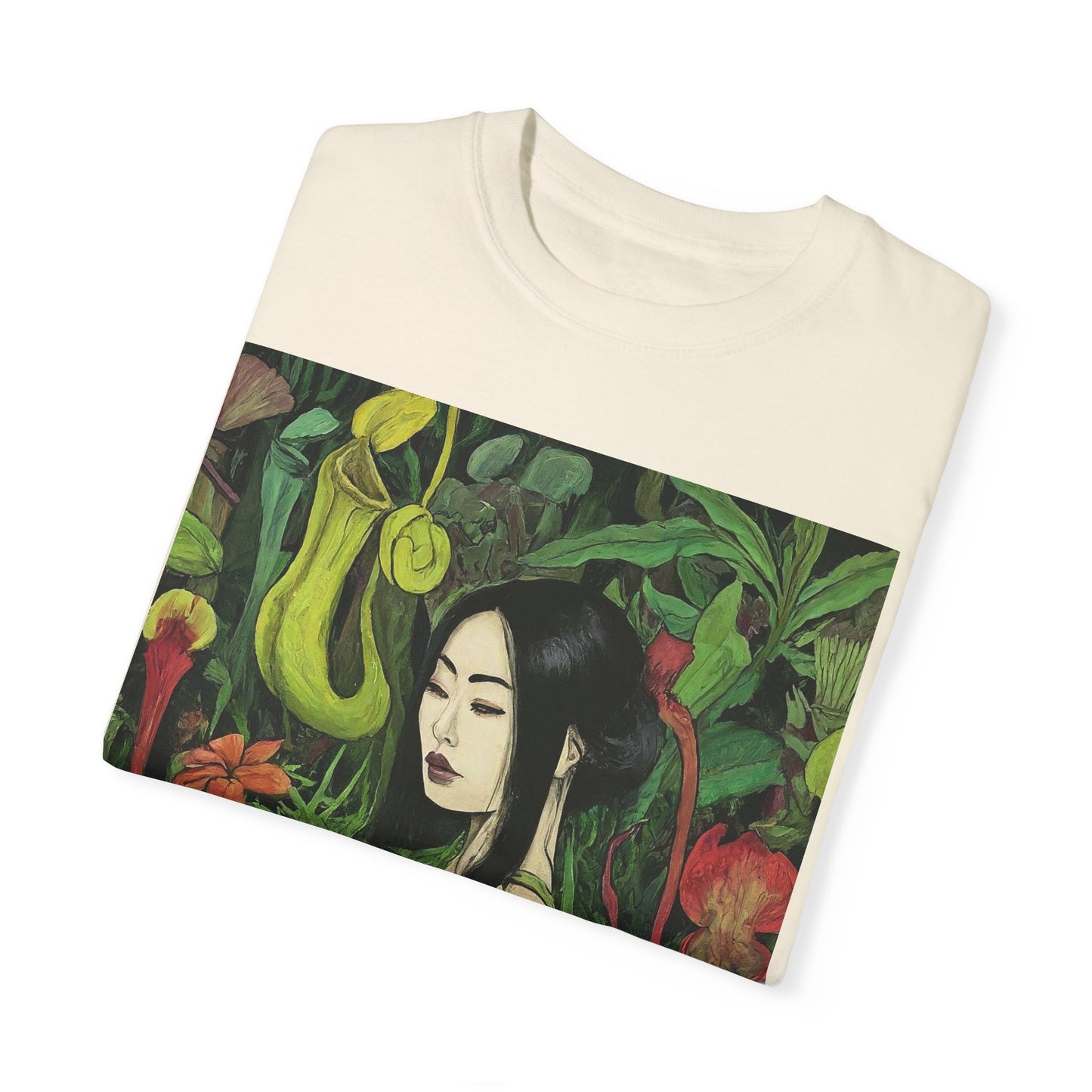 Serene Strength: Solo Adventurer Braves the Beauty of the Bog's Bizarre Blooms Unisex Garment-Dyed T-shirt