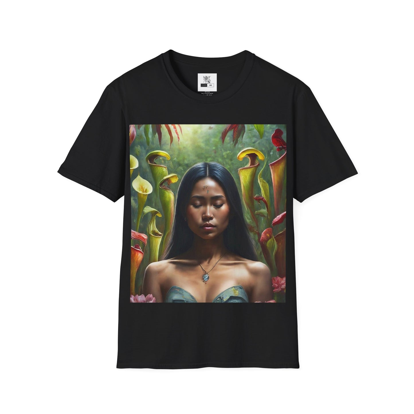 Moss Goddess in the Serene Wilds Breathe Deep in the Tranquil Embrace of Predatory Greenery  Unisex Softstyle T-Shirt