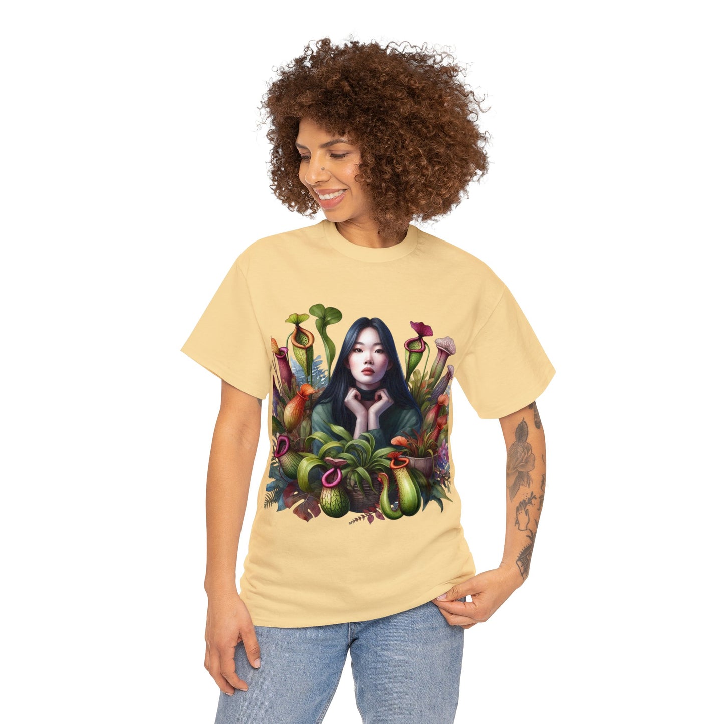 Moss Goddess in the Serene Wilds: Breathe Deep within the Tranquil Embrace of Predatory Greenery Unisex Heavy Cotton Tee