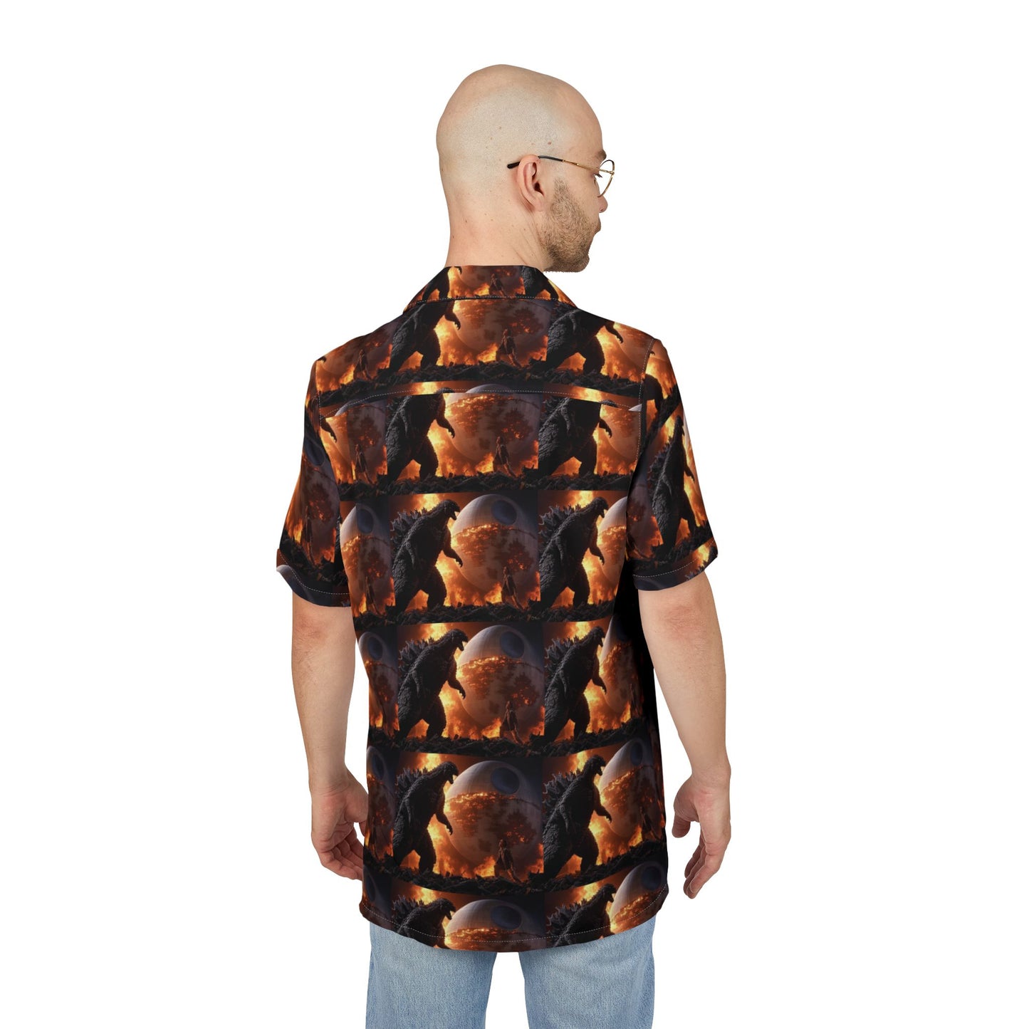 Hawaiian Shirt, Godzilla Galaxy Print, Tropical Beachwear, Unisex Aloha Top, Men Women Surf Clothing, Vintage Button Down