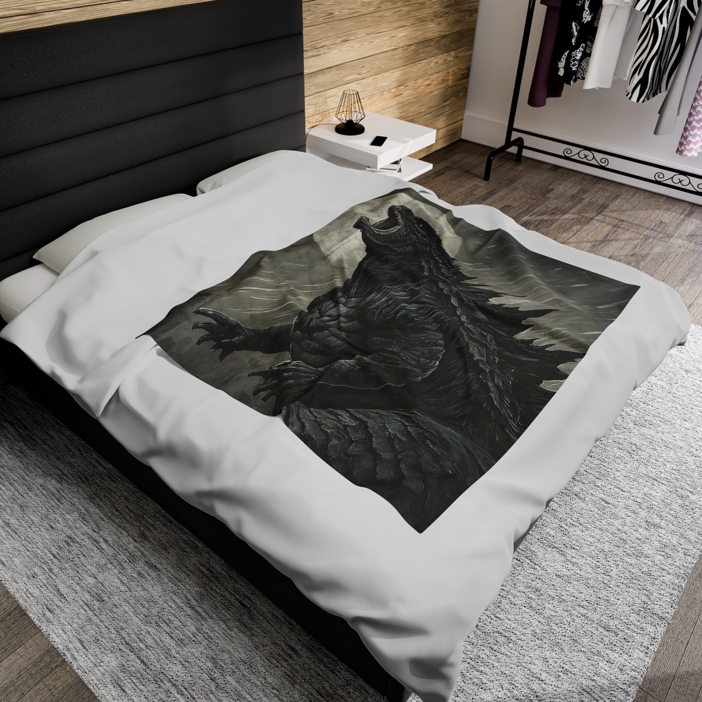 "Vintage Godzilla Howling at the Moon Velveteen Blanket - Cozy and Nostalgic Home Decor"