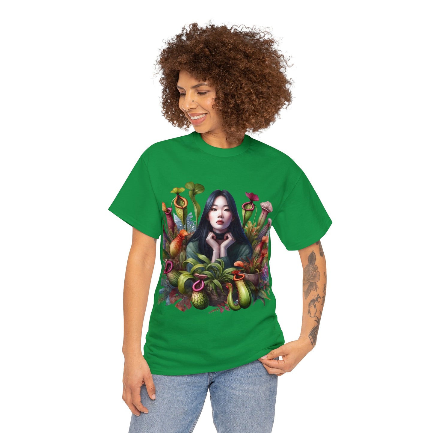 Moss Goddess in the Serene Wilds: Breathe Deep within the Tranquil Embrace of Predatory Greenery Unisex Heavy Cotton Tee