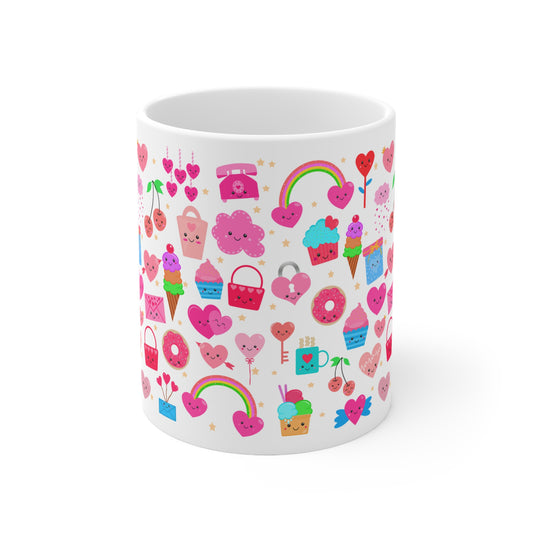 Cute Pink Kawaii candy hearts Valentine's Day Ceramic Mug 11oz, Ceramic Coffee Mug, Ceramic Coffee Cup, Valentine's Day, Kawaii, Coffee Gift