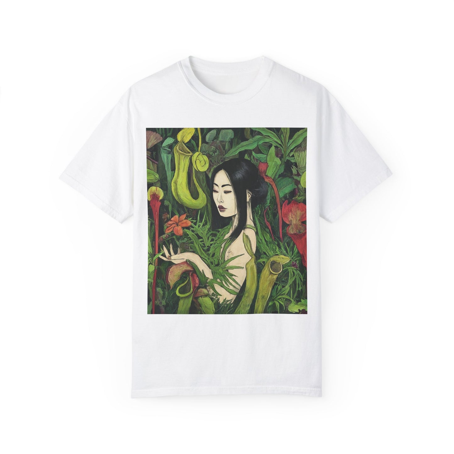 Serene Strength: Solo Adventurer Braves the Beauty of the Bog's Bizarre Blooms Unisex Garment-Dyed T-shirt