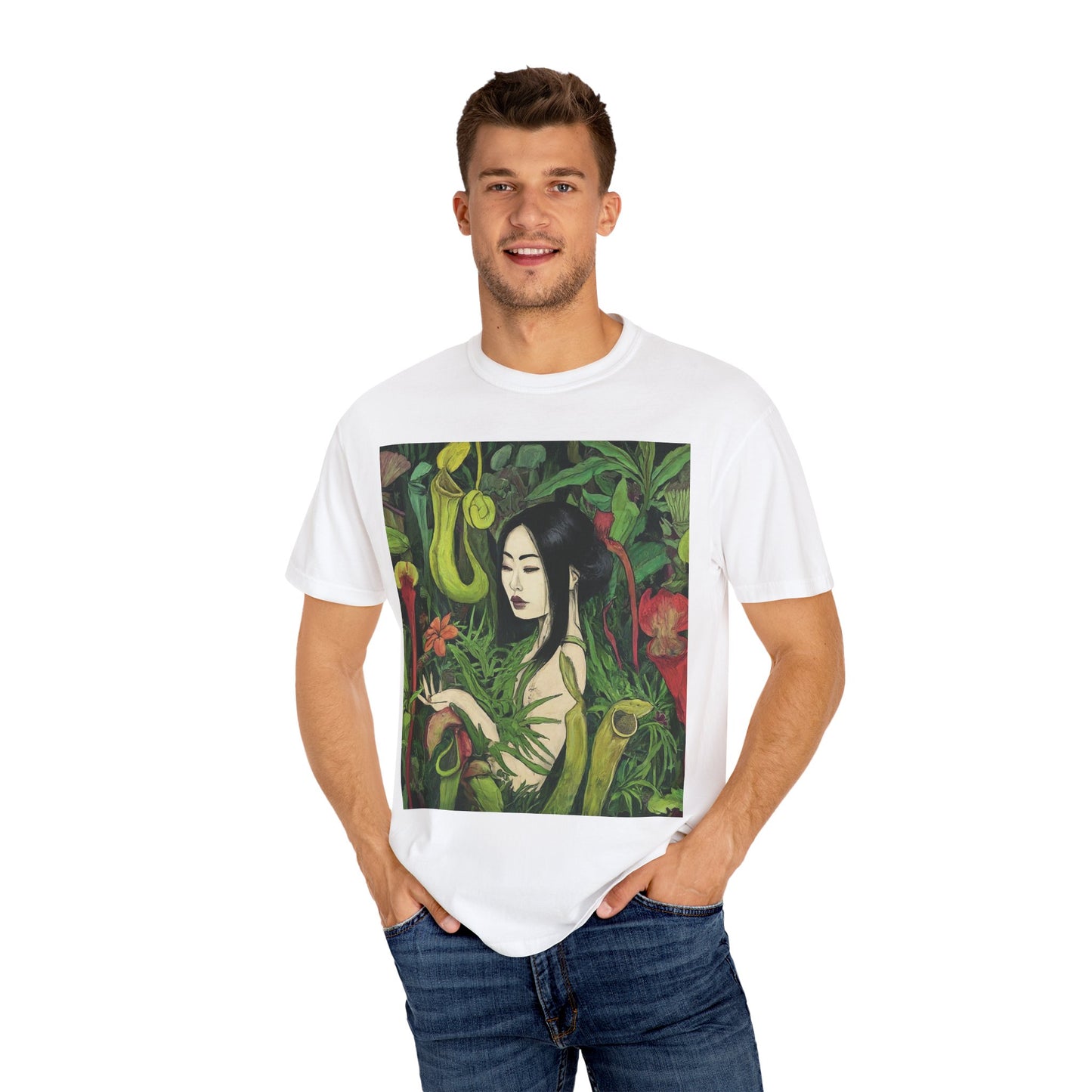 Serene Strength: Solo Adventurer Braves the Beauty of the Bog's Bizarre Blooms Unisex Garment-Dyed T-shirt