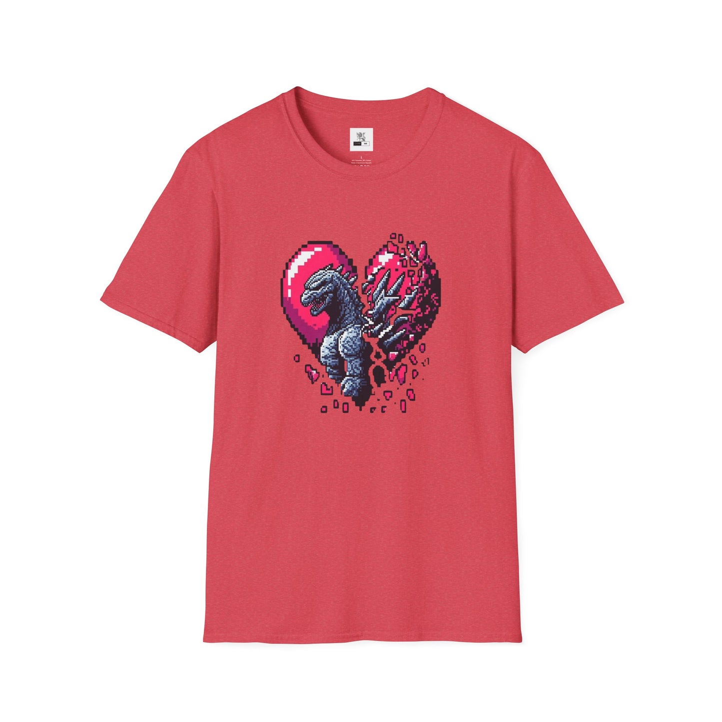 Godzilla Heart Unisex Softstyle T-Shirt, Broken Heart Design, 8 Bit Heart Tee, Godzilla in Our Hearts Shirt, Monster Lover Graphic Top