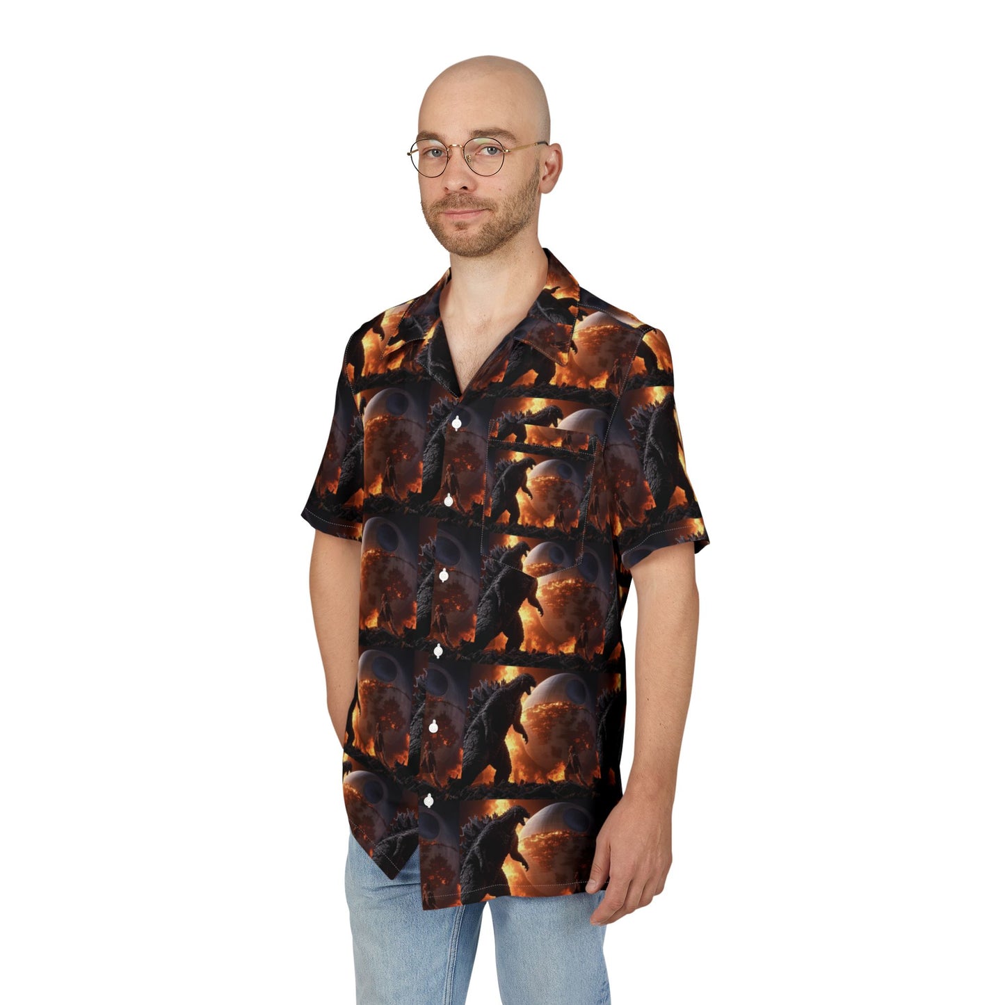 Hawaiian Shirt, Godzilla Galaxy Print, Tropical Beachwear, Unisex Aloha Top, Men Women Surf Clothing, Vintage Button Down