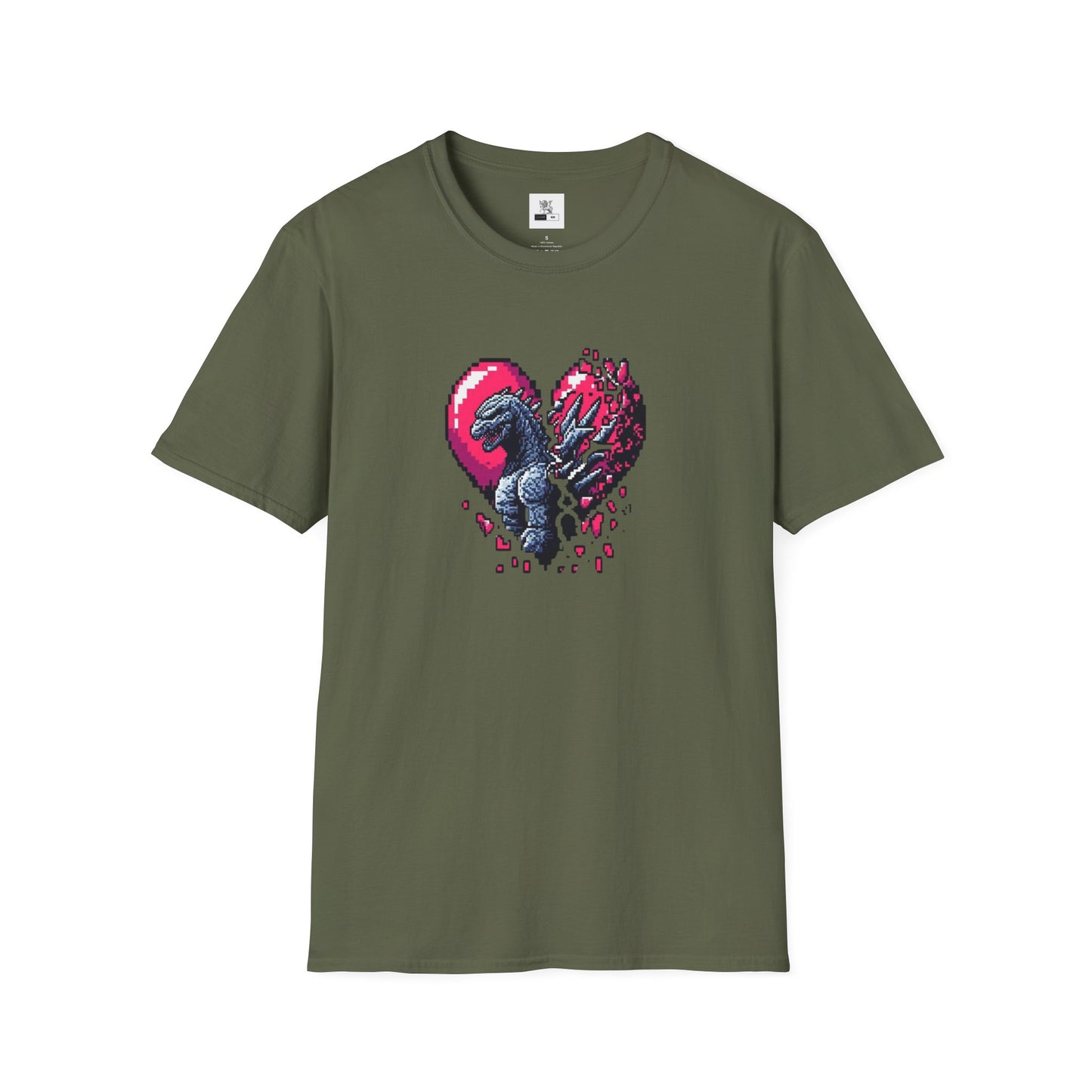 Godzilla Heart Unisex Softstyle T-Shirt, Broken Heart Design, 8 Bit Heart Tee, Godzilla in Our Hearts Shirt, Monster Lover Graphic Top