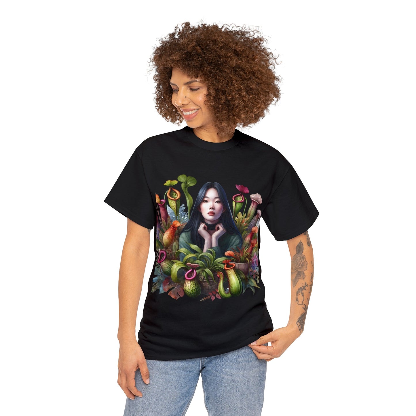 Moss Goddess in the Serene Wilds: Breathe Deep within the Tranquil Embrace of Predatory Greenery Unisex Heavy Cotton Tee