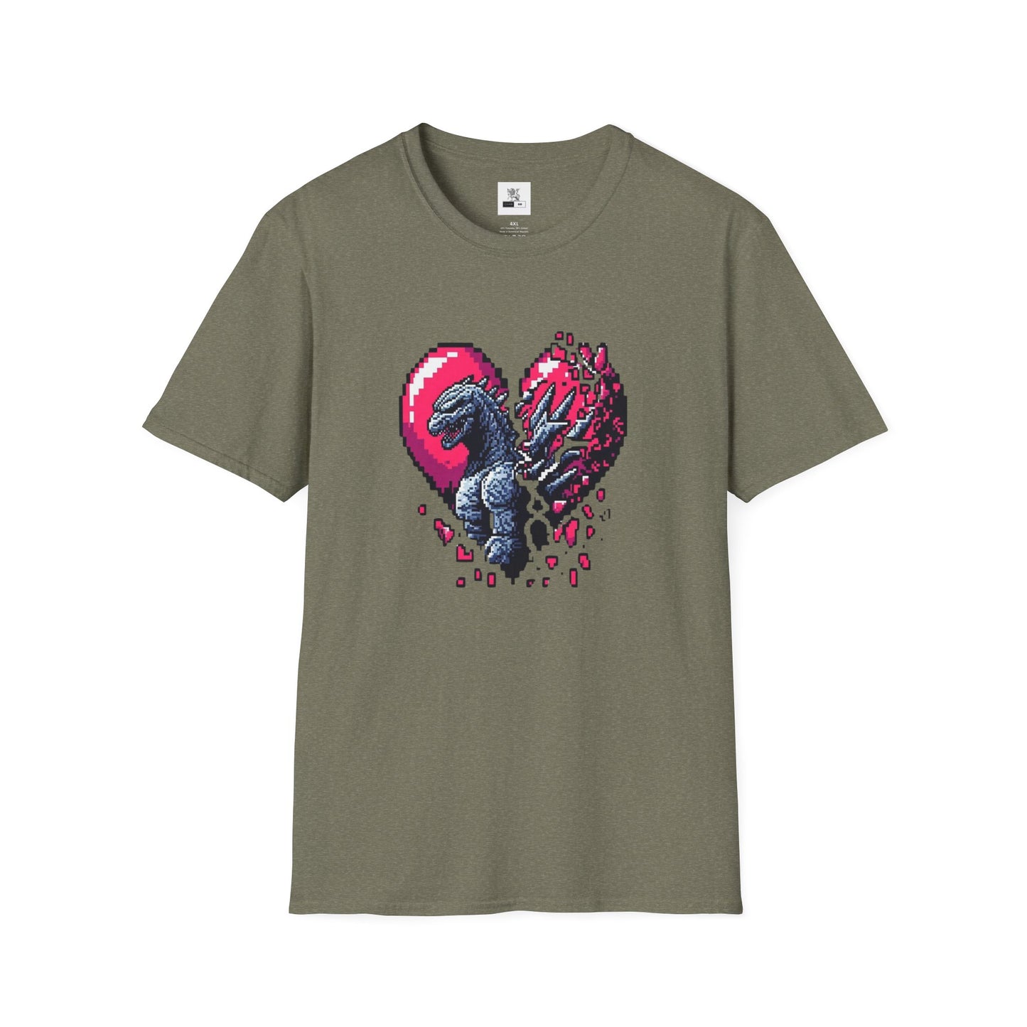 Godzilla Heart Unisex Softstyle T-Shirt, Broken Heart Design, 8 Bit Heart Tee, Godzilla in Our Hearts Shirt, Monster Lover Graphic Top