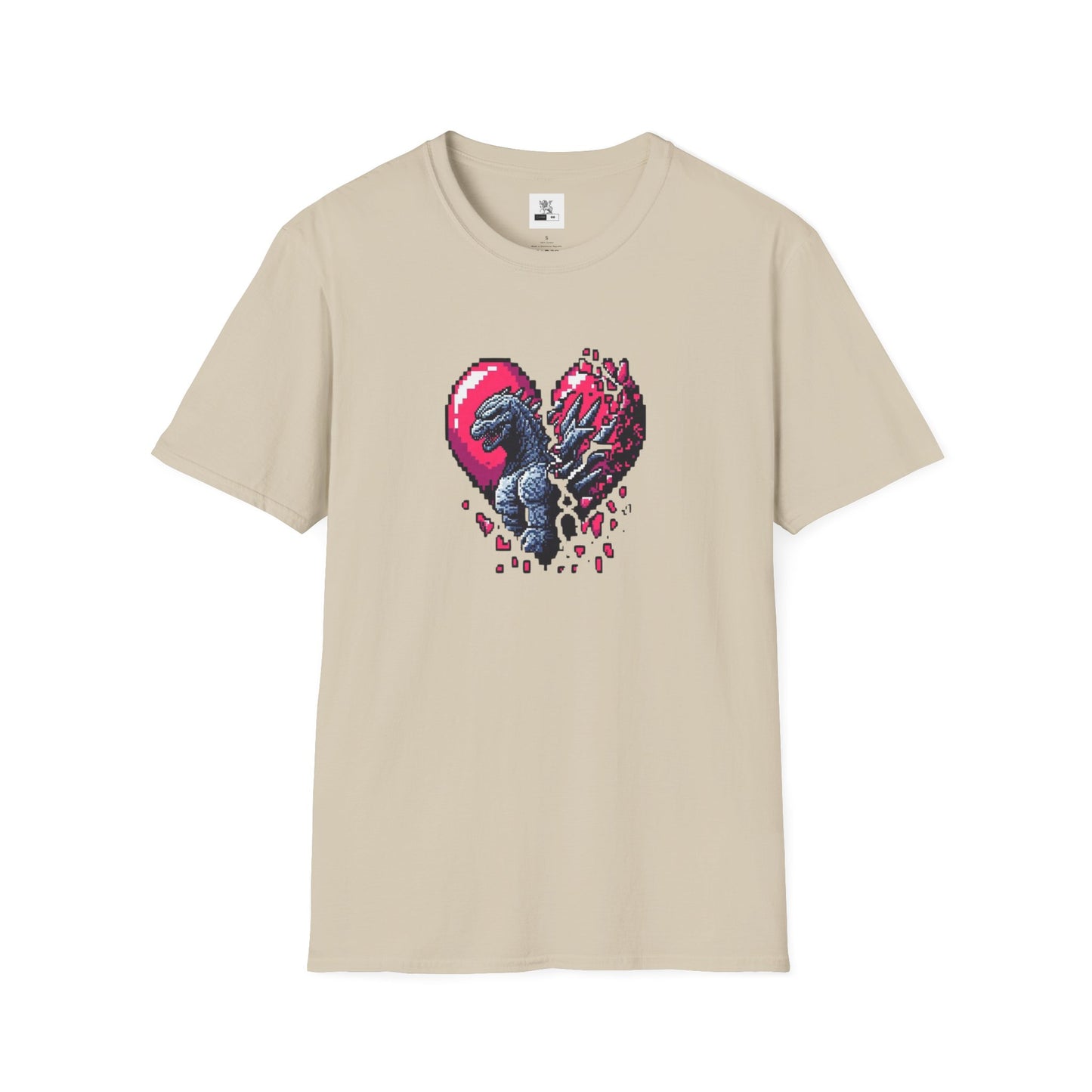 Godzilla Heart Unisex Softstyle T-Shirt, Broken Heart Design, 8 Bit Heart Tee, Godzilla in Our Hearts Shirt, Monster Lover Graphic Top