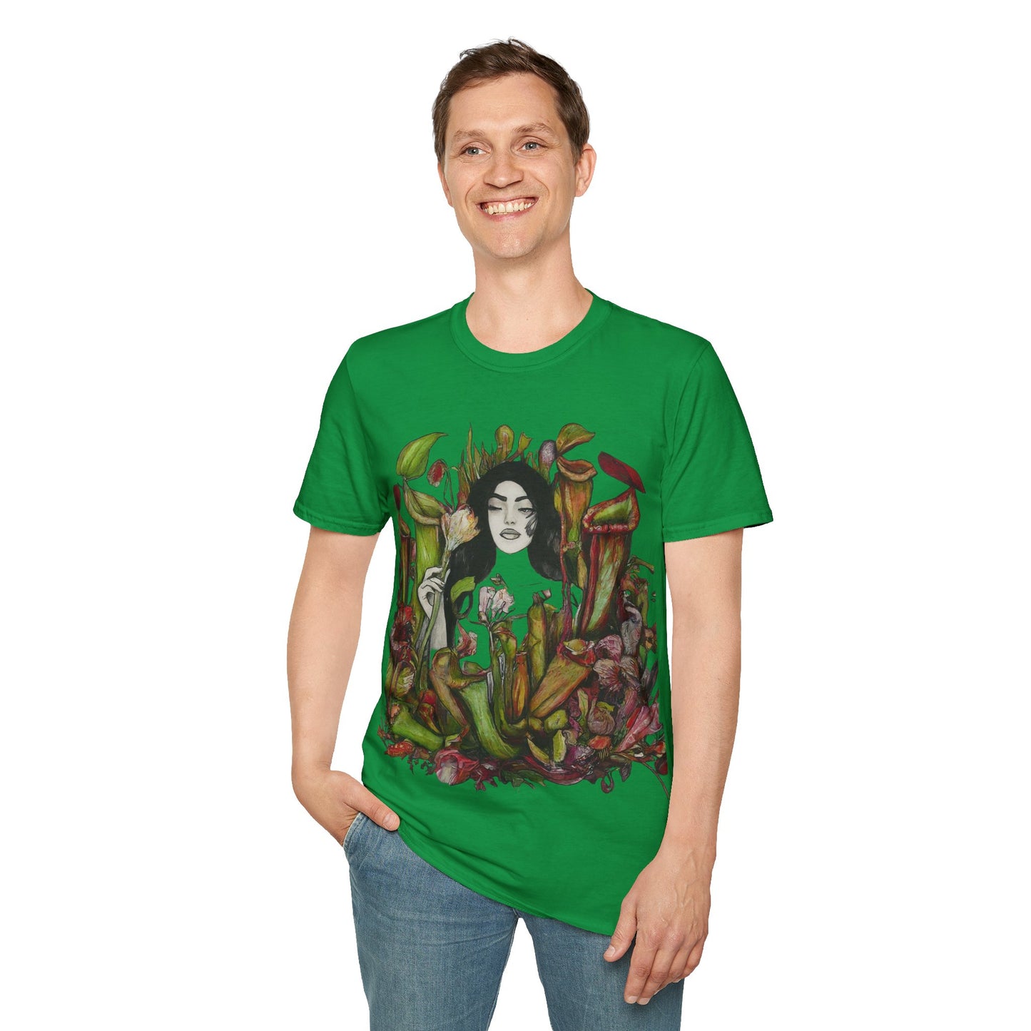 Tranquility in the Trap: Woman Unveils the Allure of the Pitcher Plant Paradise Queen of the Savage Garden: Unisex Softstyle T-Shirt