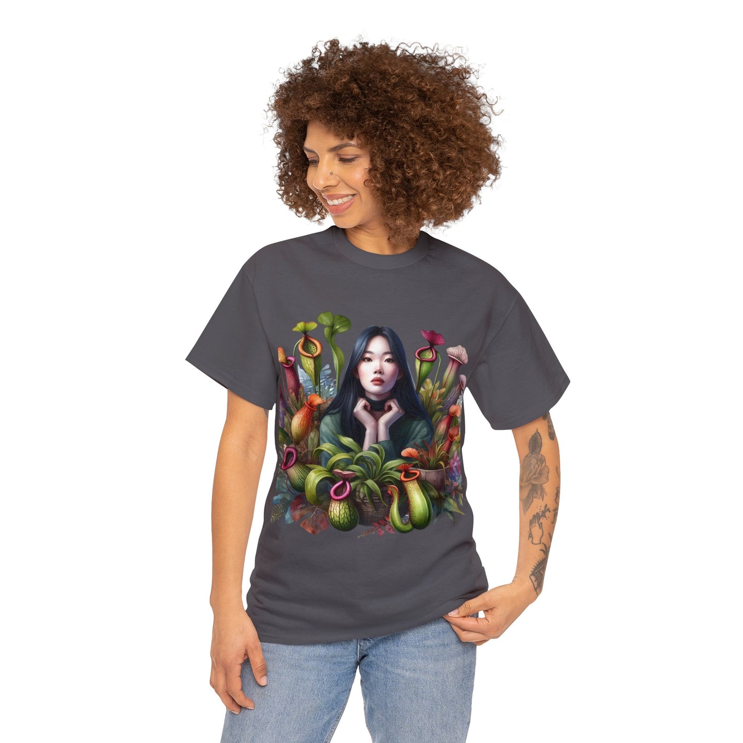 Moss Goddess in the Serene Wilds: Breathe Deep within the Tranquil Embrace of Predatory Greenery Unisex Heavy Cotton Tee