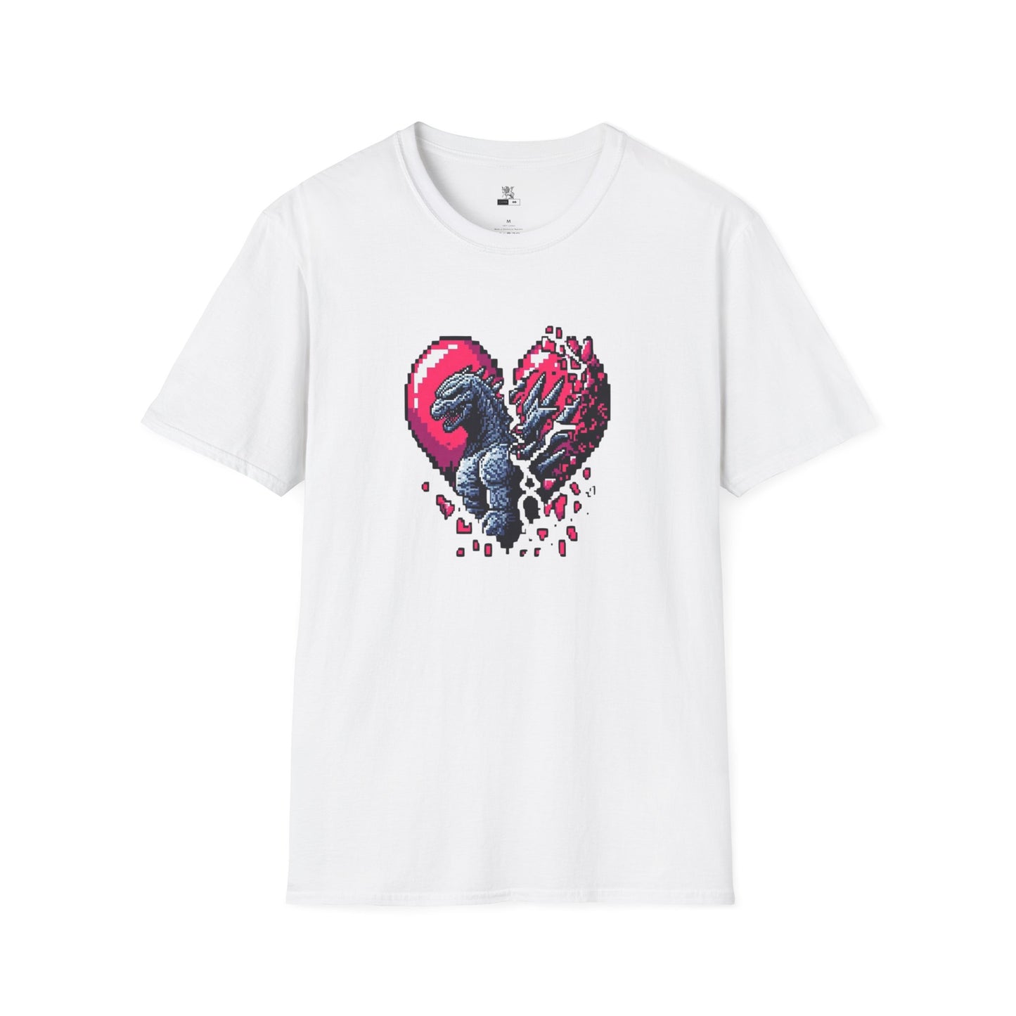 Godzilla Heart Unisex Softstyle T-Shirt, Broken Heart Design, 8 Bit Heart Tee, Godzilla in Our Hearts Shirt, Monster Lover Graphic Top