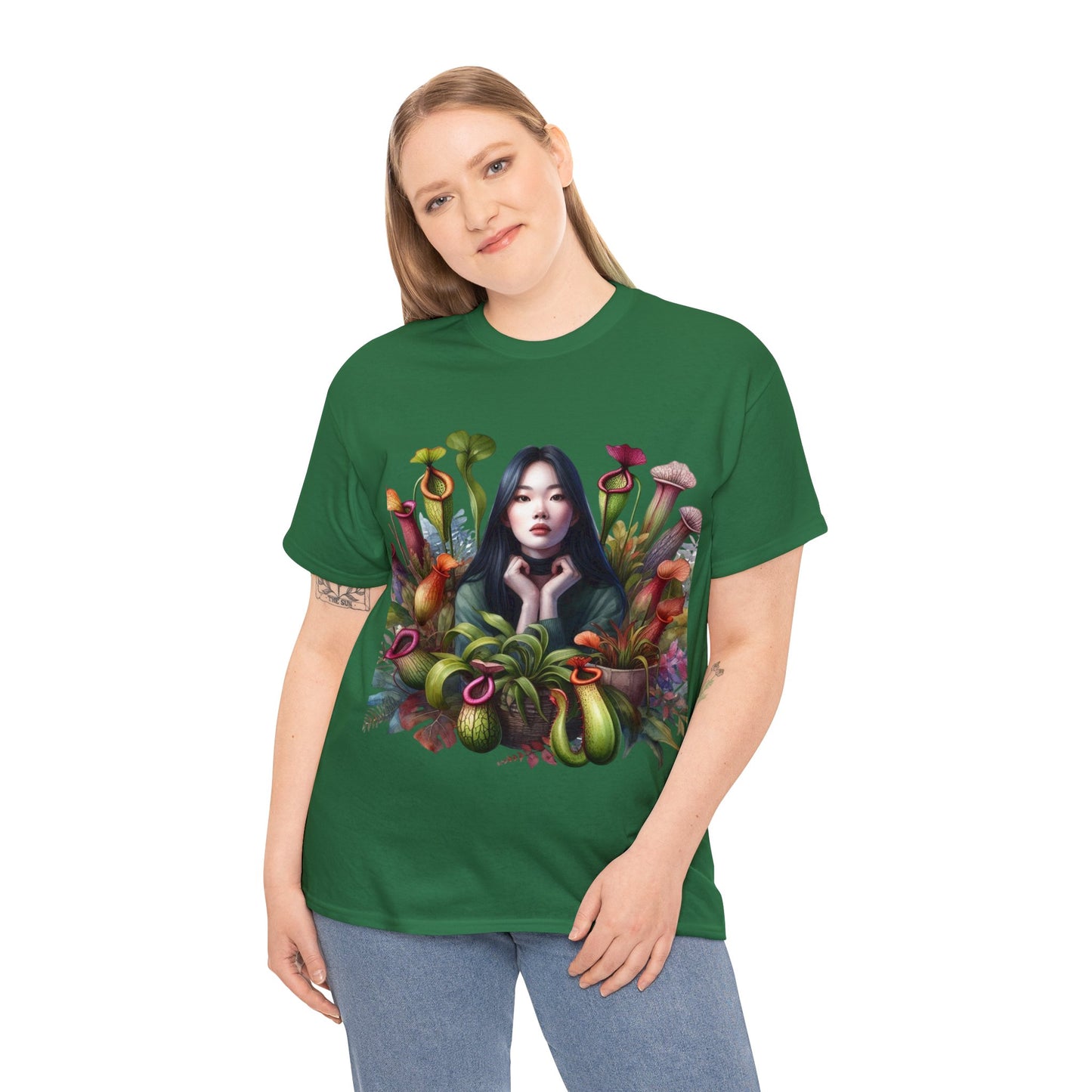 Moss Goddess in the Serene Wilds: Breathe Deep within the Tranquil Embrace of Predatory Greenery Unisex Heavy Cotton Tee