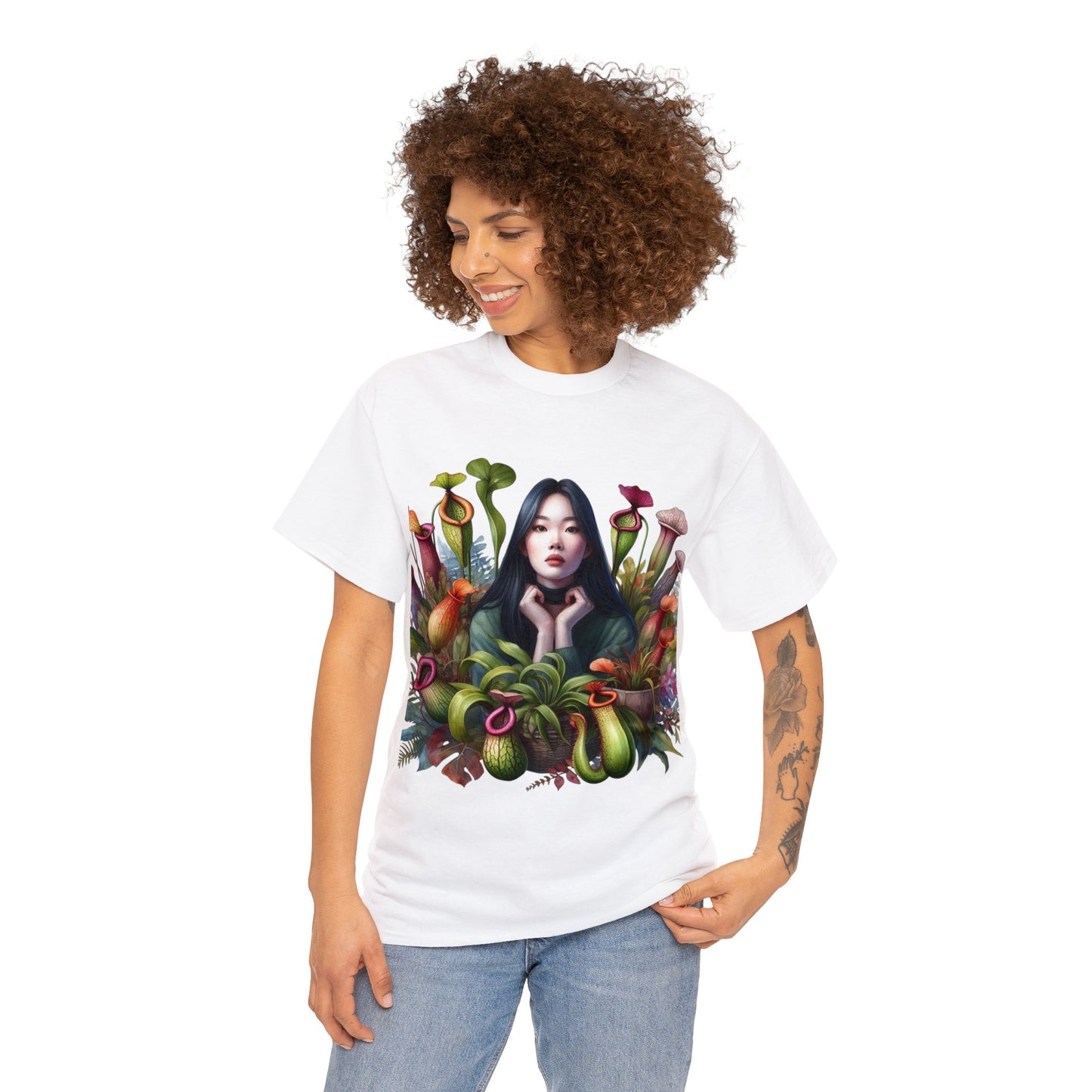 Moss Goddess in the Serene Wilds: Breathe Deep within the Tranquil Embrace of Predatory Greenery Unisex Heavy Cotton Tee