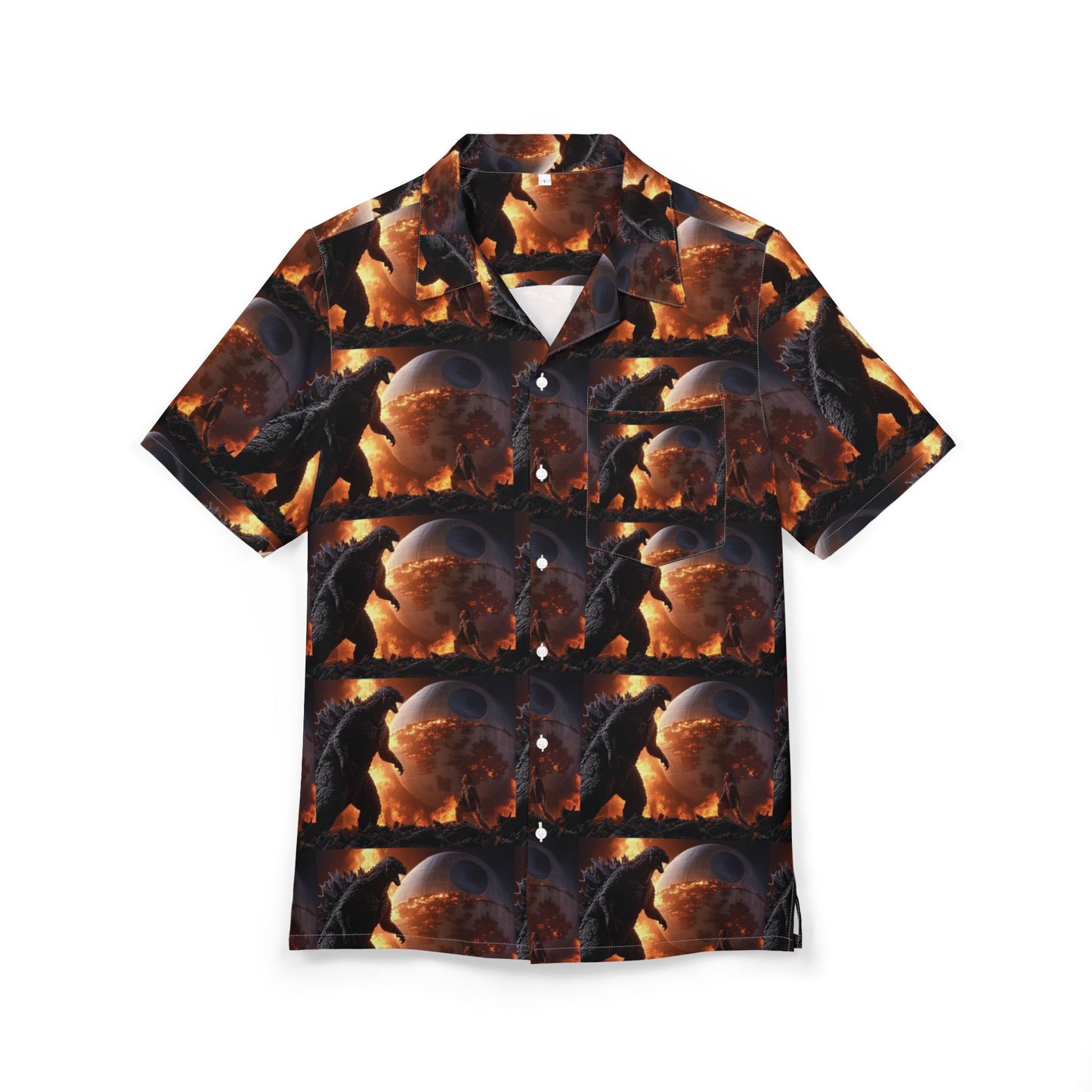 Hawaiian Shirt, Godzilla Galaxy Print, Tropical Beachwear, Unisex Aloha Top, Men Women Surf Clothing, Vintage Button Down