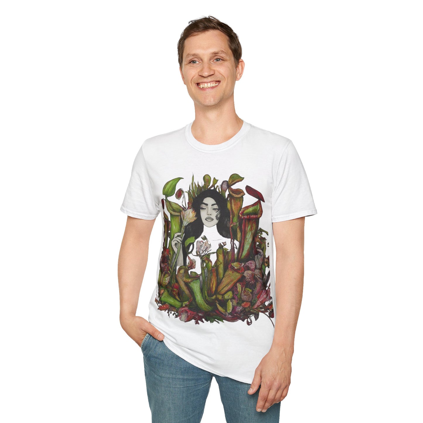 Tranquility in the Trap: Woman Unveils the Allure of the Pitcher Plant Paradise Queen of the Savage Garden: Unisex Softstyle T-Shirt