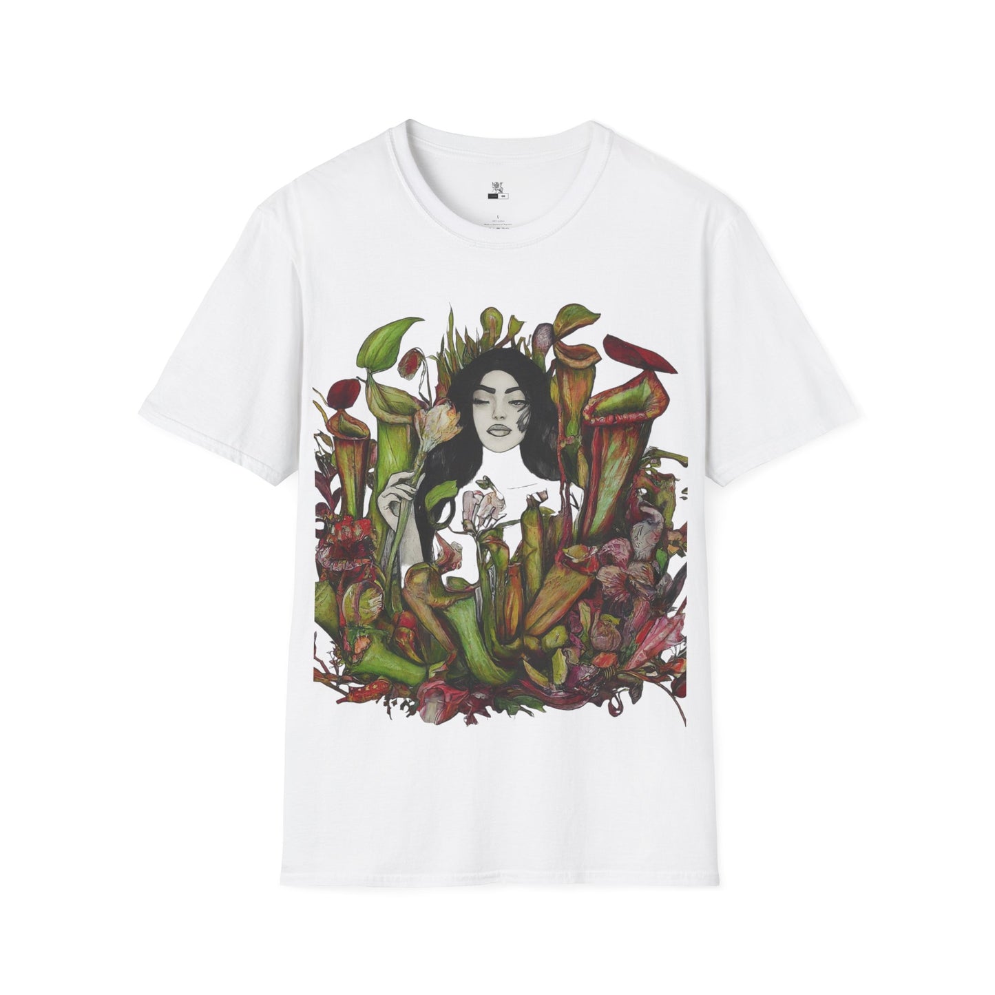 Tranquility in the Trap: Woman Unveils the Allure of the Pitcher Plant Paradise Queen of the Savage Garden: Unisex Softstyle T-Shirt