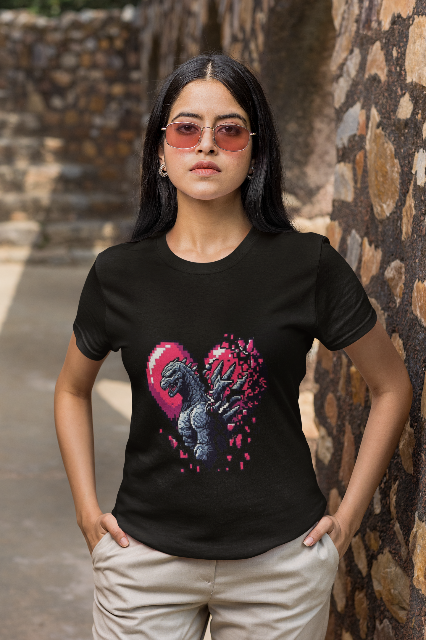 Godzilla Heart Unisex Softstyle T-Shirt, Broken Heart Design, 8 Bit Heart Tee, Godzilla in Our Hearts Shirt, Monster Lover Graphic Top